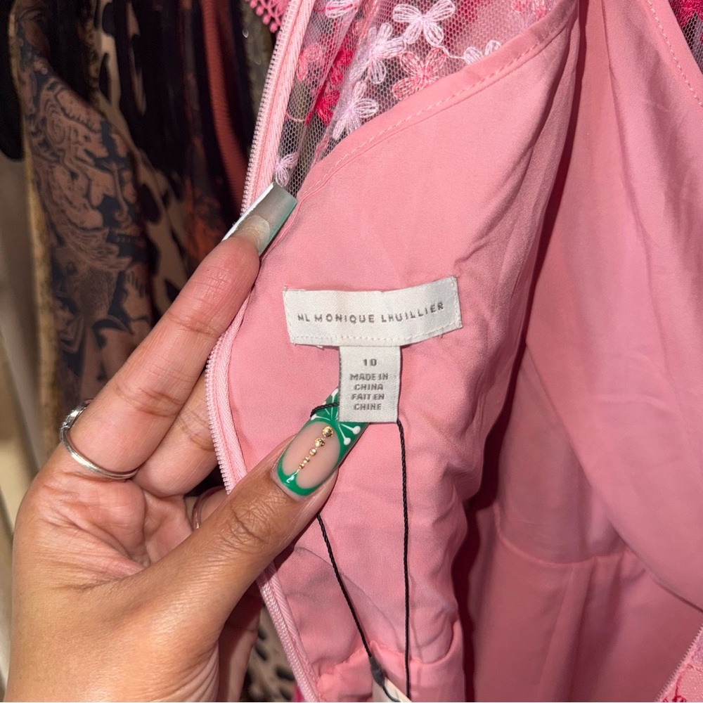 ML Monique Lhuillier Gathered Embroidered Tulle Mini Dress Pink Floral Fit Flare - Picture 12 of 15